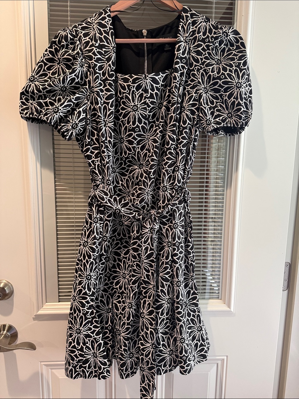 Ronni Nicole Black Dress with White Floral Outline and Puff Sleeves